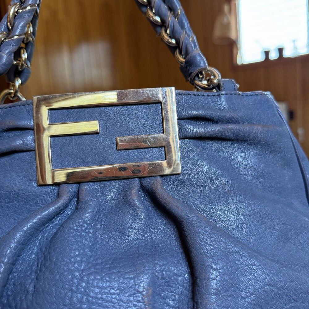 FENDI Crinkled Lambskin Mia Tote Blue Gray Leather Shoulder Handbag Authentic - Picture 7 of 16
